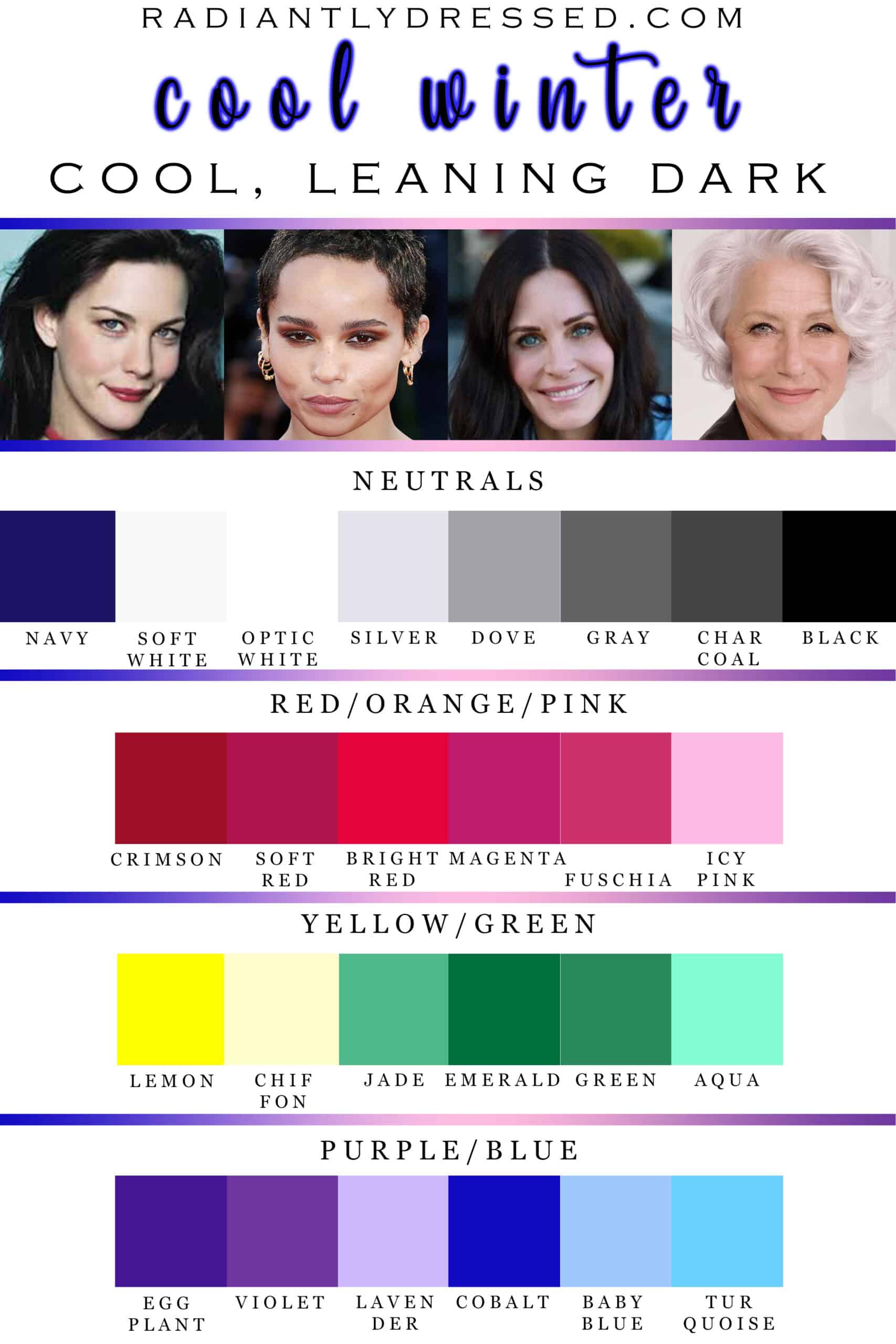 Unique to You Colour Consultation - The four types of Winter: top left:  Clear Winter, top right: True Winter, bottom left: Cool Winter, bottom  right: Deep Winter. If you know your Winter