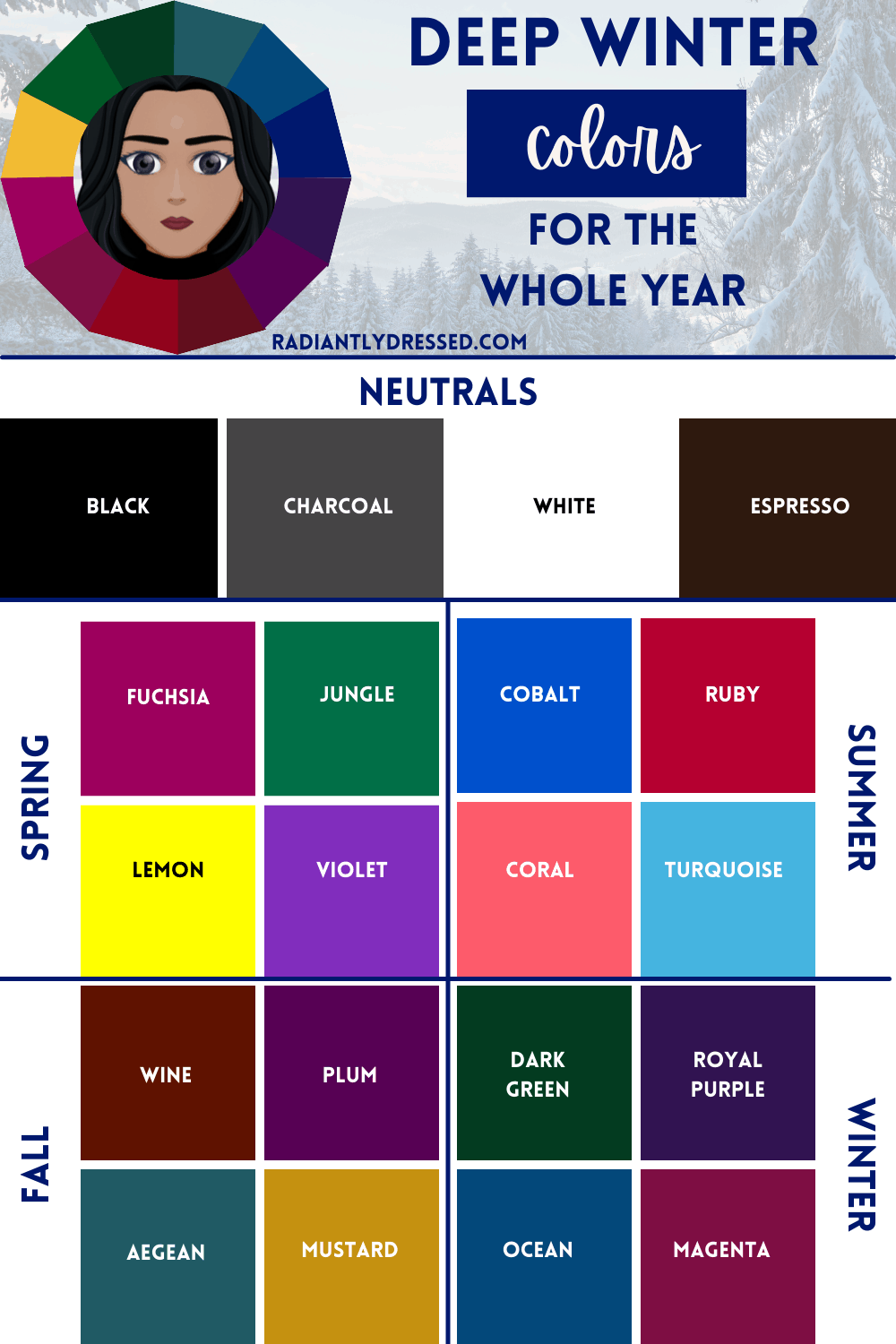 Unique to You Colour Consultation - The four types of Winter: top left:  Clear Winter, top right: True Winter, bottom left: Cool Winter, bottom  right: Deep Winter. If you know your Winter