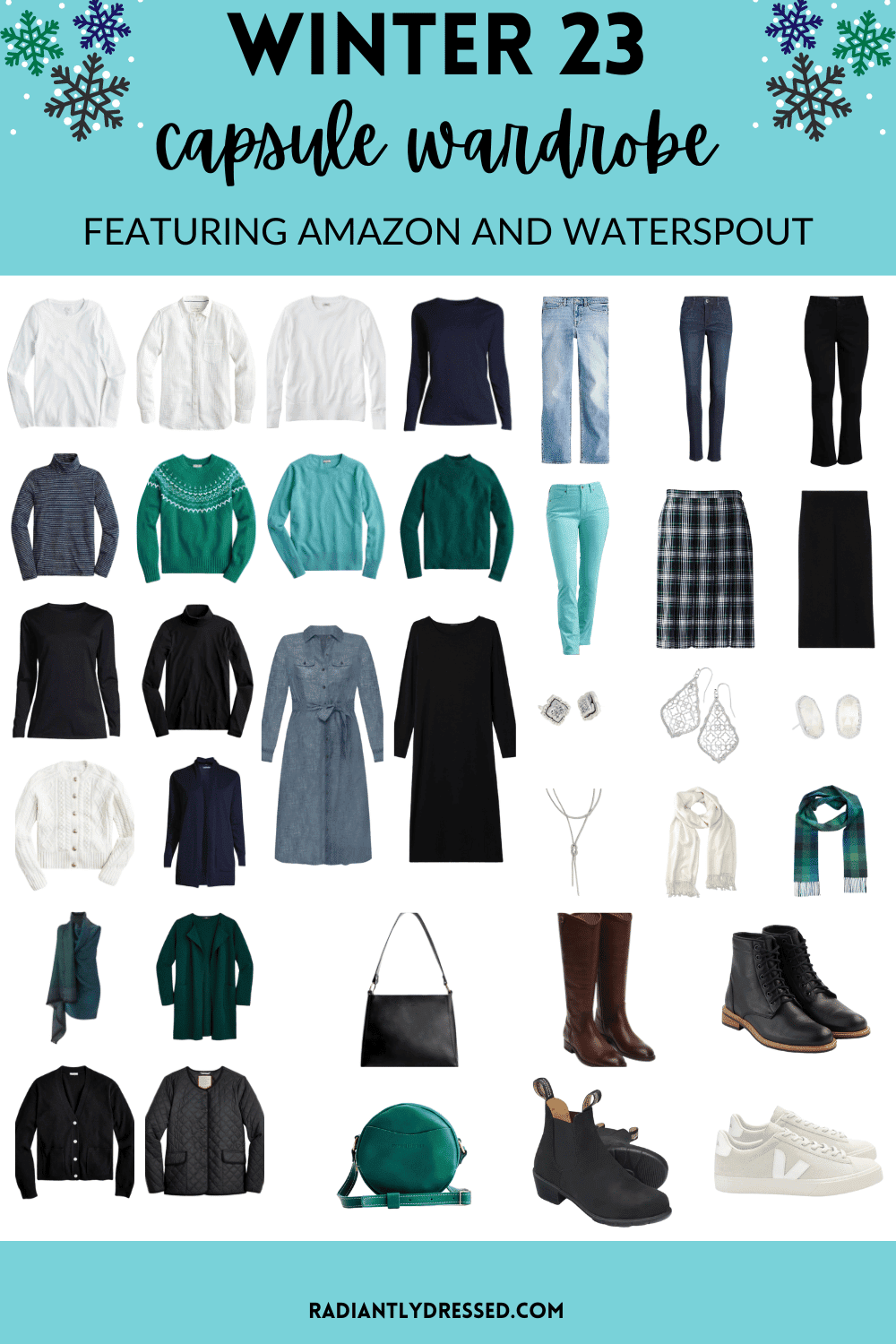 minimalist winter capsule wardrobe featuring green and blue