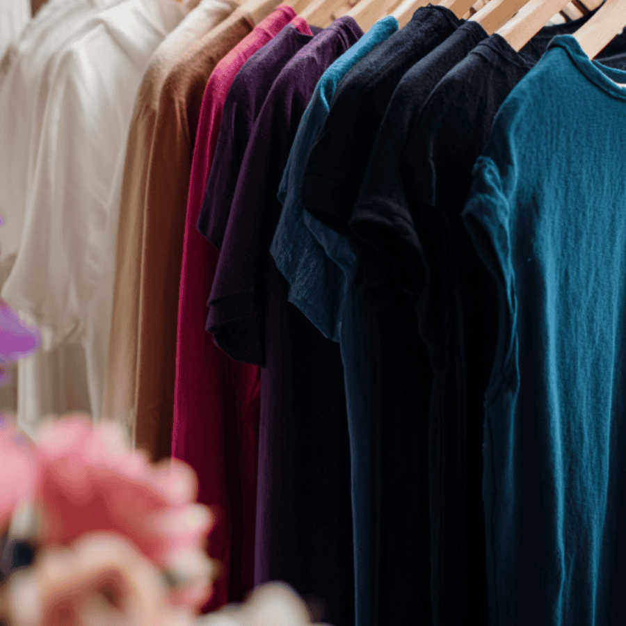 jewel tone shirts hanging with flowers in foreground